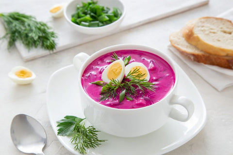 Chilled Beet Soup with Buttermilk, Cucumbers, and Dill